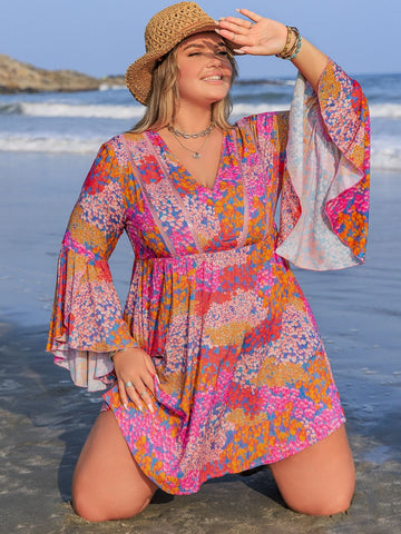 Plus Size Ruched Printed Long Sleeve Dress