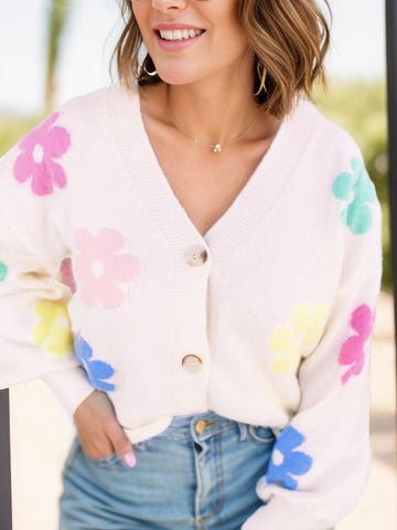 Plus Size Flower Button Up Long Sleeve Cardigan