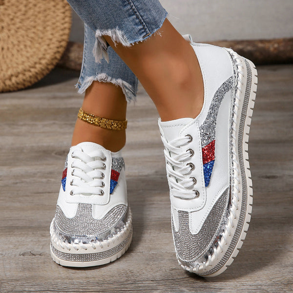 Rhinestone Lace Up Round Toe Platform Sneakers