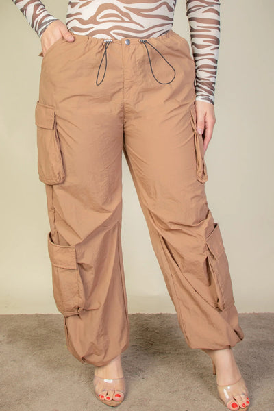 Flap Pockets Drawstring Ruched Parachute Pants