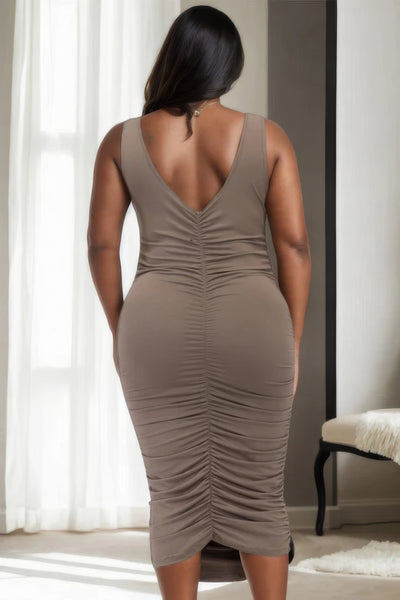 Square Neck Ruched Bodycon Midi Dress