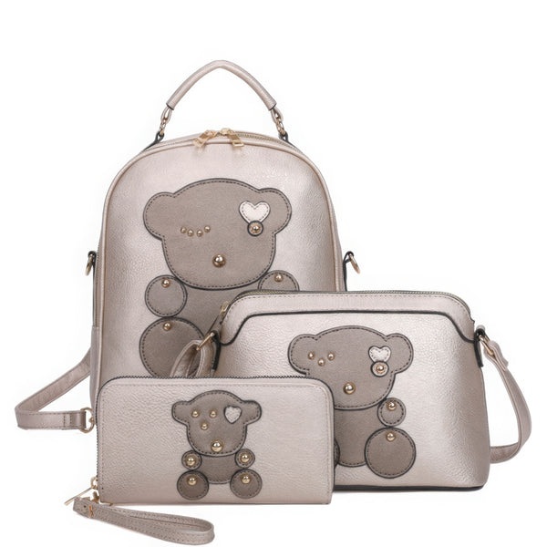 3 in 1, Cute Bear Design Handle Backpack with Crossbody and Wallet Set