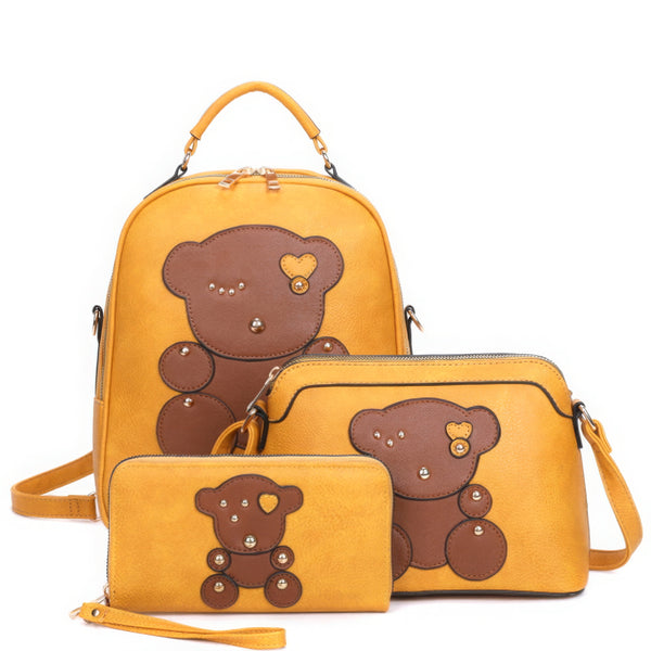 3 in 1, Cute Bear Design Handle Backpack with Crossbody and Wallet Set