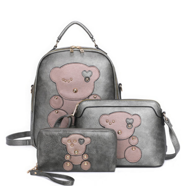 3 in 1, Cute Bear Design Handle Backpack with Crossbody and Wallet Set