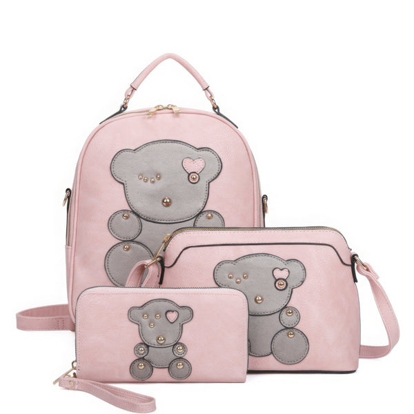 3 in 1, Cute Bear Design Handle Backpack with Crossbody and Wallet Set