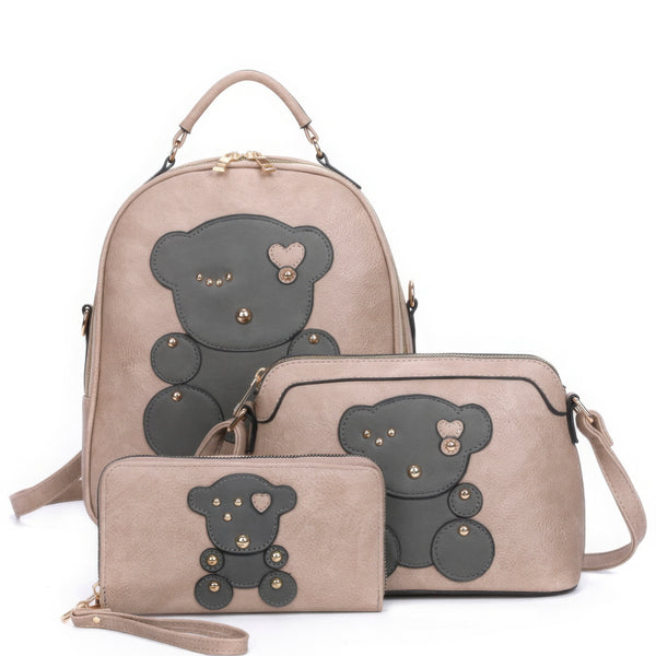 3 in 1, Cute Bear Design Handle Backpack with Crossbody and Wallet Set