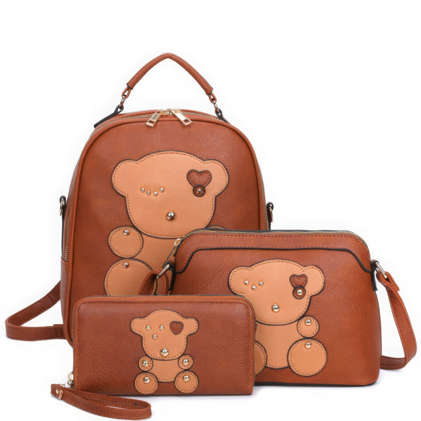 3 in 1, Cute Bear Design Handle Backpack with Crossbody and Wallet Set