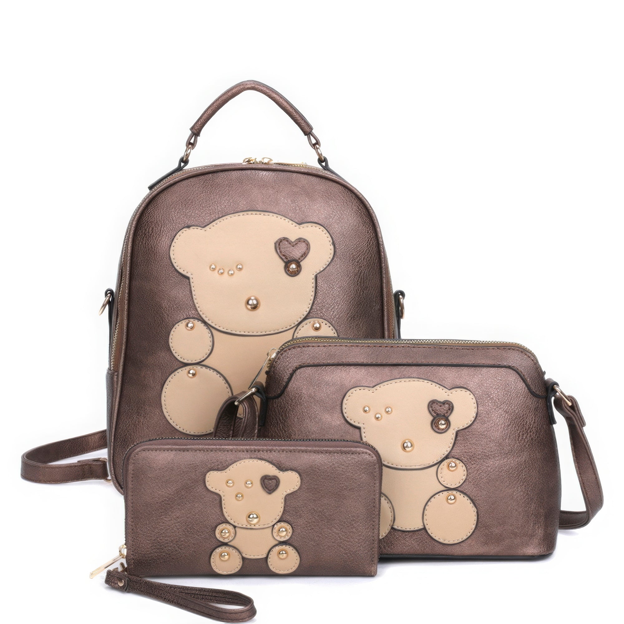 3 in 1, Cute Bear Design Handle Backpack with Crossbody and Wallet Set