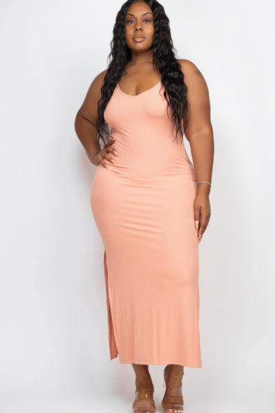 Ribbed Side Slit Long Cami Maxi Dress