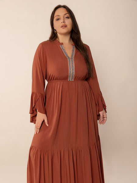 Plus Size Ruffled Notched Long Sleeve Midi Dress