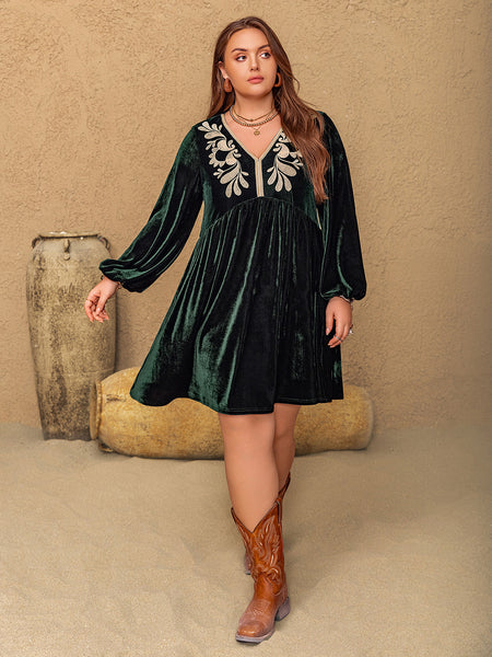 Plus Size Embroidered V-Neck Long Sleeve Dress