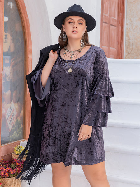 Plus Size Round Neck Flounce Sleeve Mini Dress