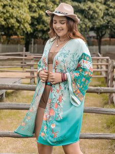 Plus Size Printed Open Front Long Sleeve Cover Up