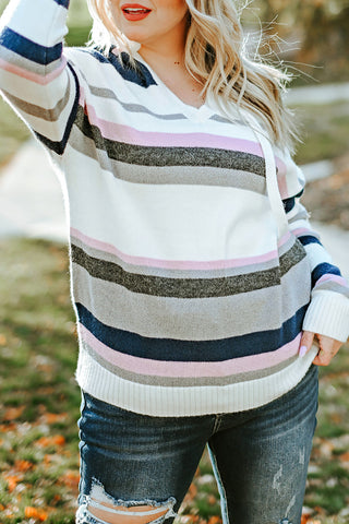 Plus Size Striped Long Sleeve Hooded Sweater