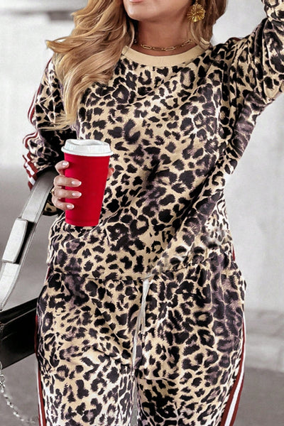 Plus Size Leopard Round Neck Top and Pants Set