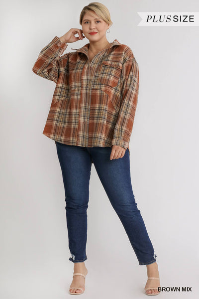 Junior Plaid Collar Button Down Overshirt with Front Pockets